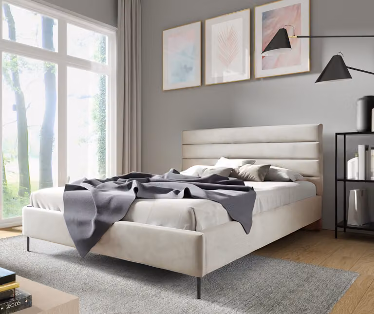 GUTTO Letto imbottito, velluto beige, 160 x 200 cm, gambe nere. Letto in velluto: letto matrimoniale con elegante trapuntatura e design particolare