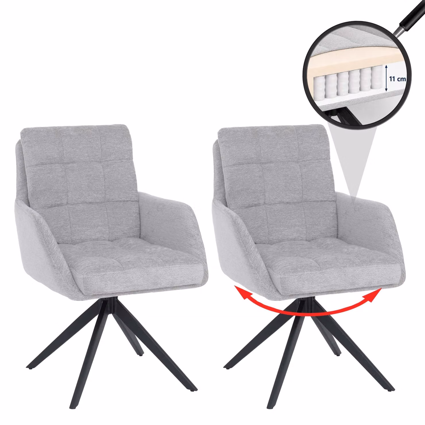 Set di 2 sedie da pranzo modello HWC-Q36, sedia girevole per cucina con sistema di ritorno automatico, rivestita in tessuto chenille (680g/m²), struttura in metallo, colore grigio chiaro