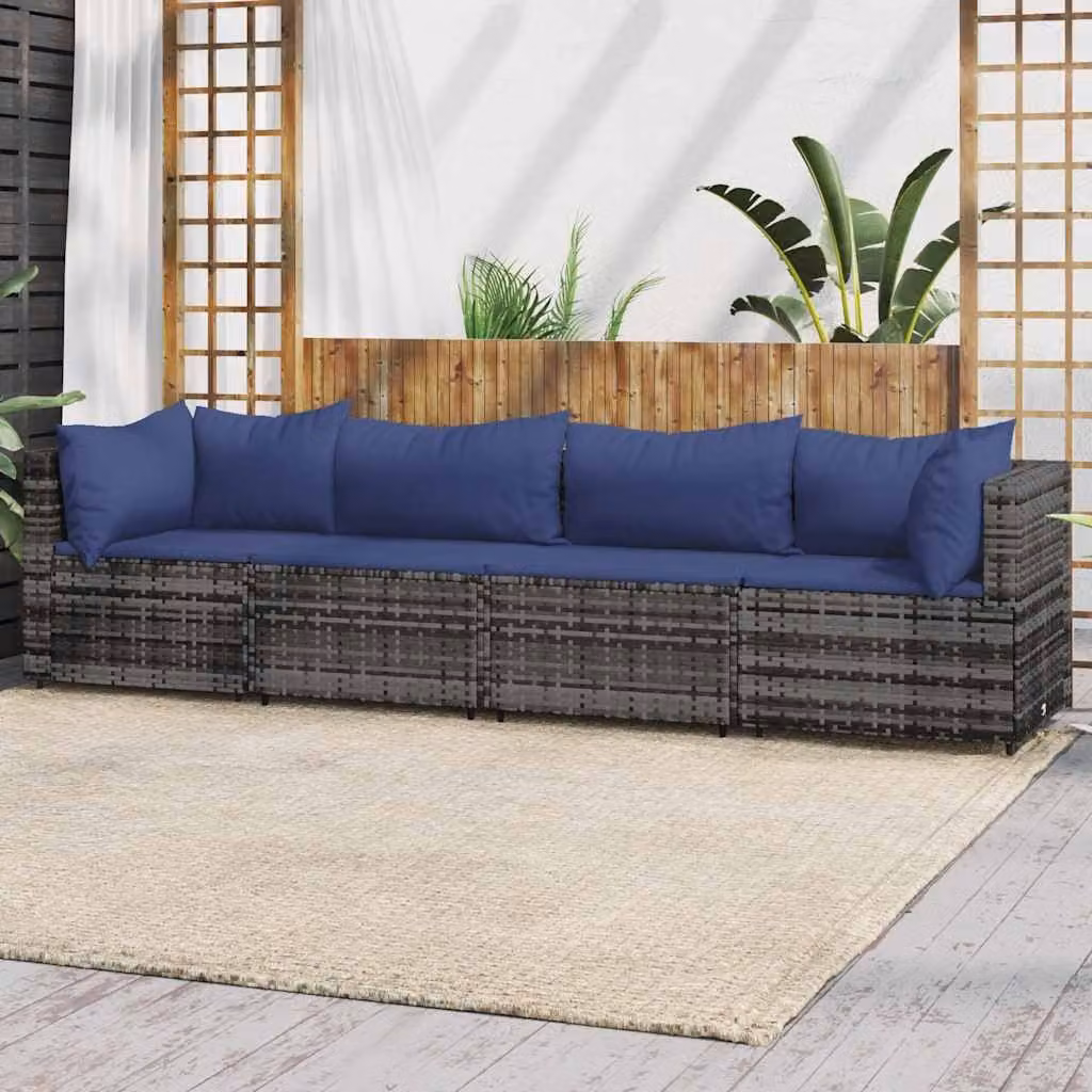 Set di divani da giardino vidaXL in rattan con cuscini blu e struttura in metallo grigio