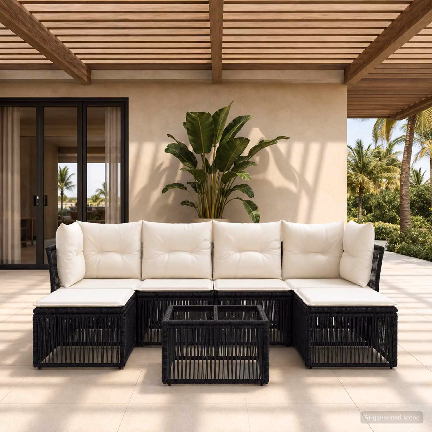 Set Divano da Giardino vidaXL 7 pz Moderno a Forma di L in Polyrattan Nero con Cuscini e Tavolino