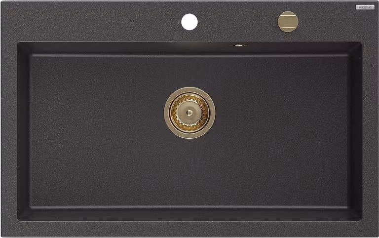 Mexen Elix lavello da cucina in granito 1-vasca 800 x 500 mm, nero maculato, sifone dorato - 6527801005-76-G