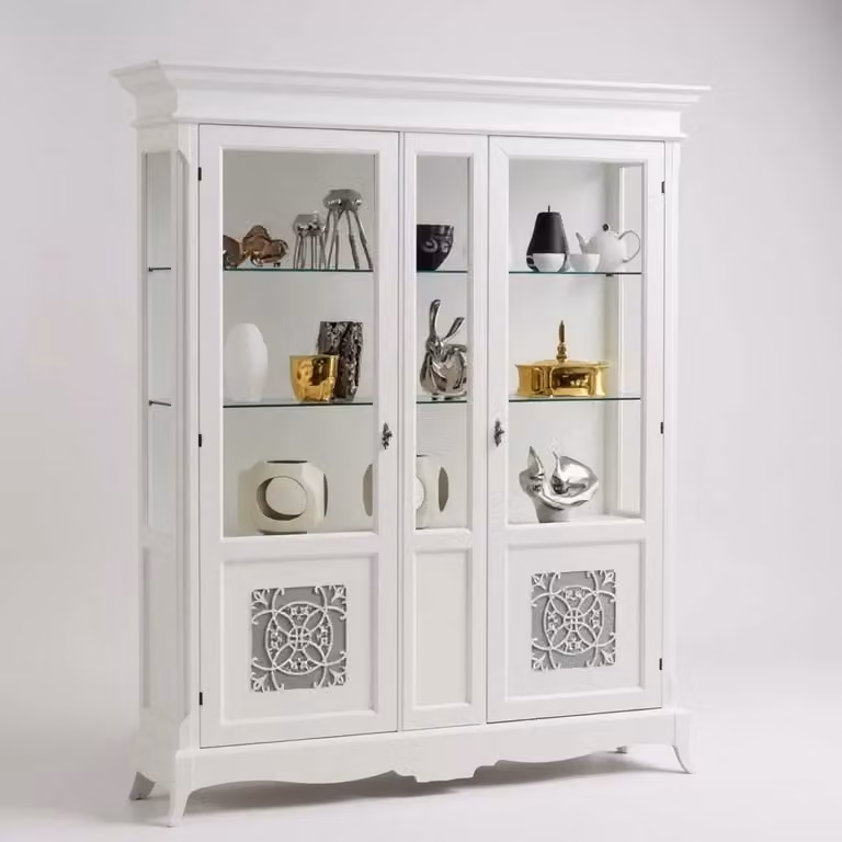 Vetrina Mobili 2G in legno con ante in vetro stile shabby chic bianco L: 166 cm, P: 51 cm, H: 214 cm