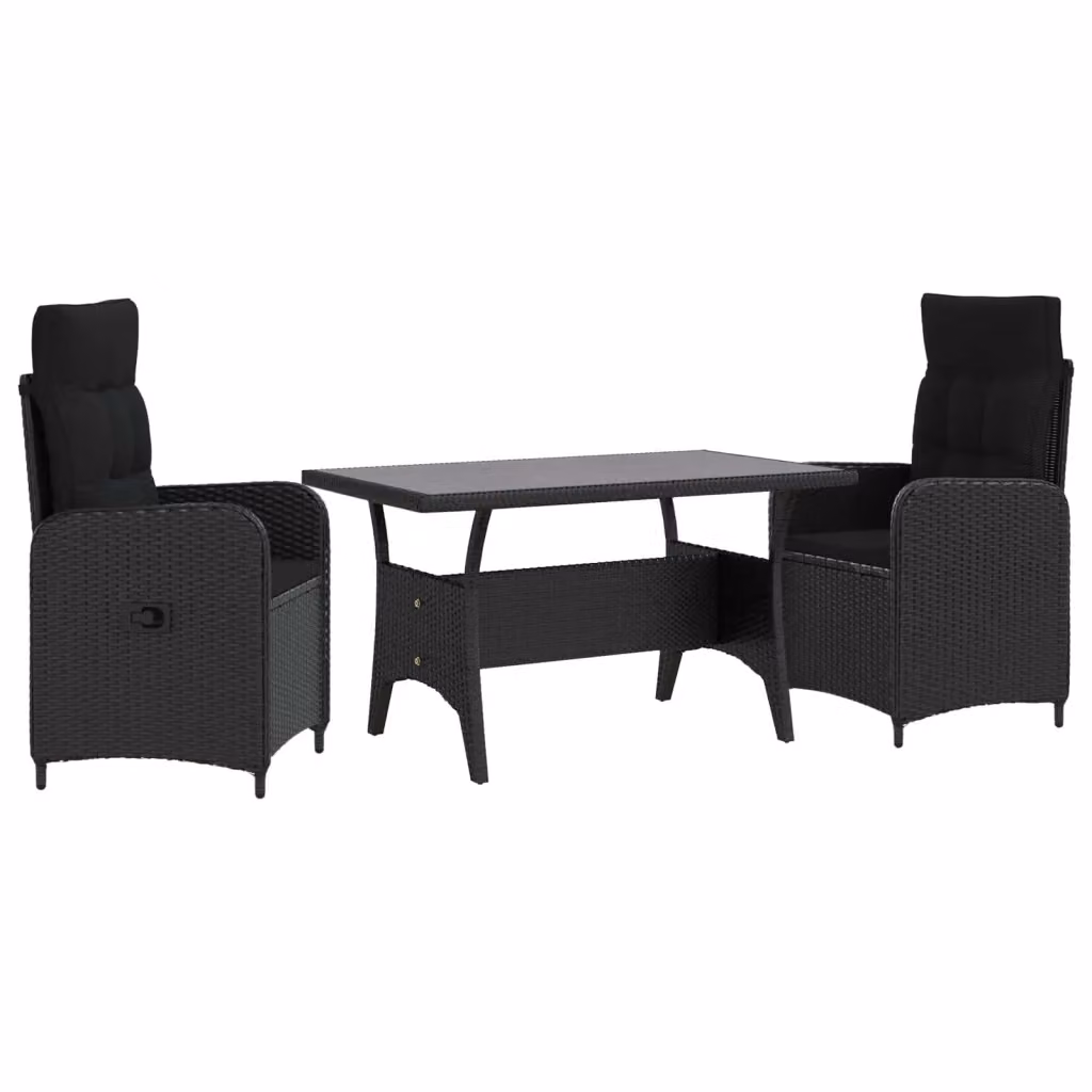 Set da pranzo per esterni vidaXL in polyrattan nero composto da 3 pezzi con tavolo rettangolare L: 120 cm, P: 70 cm, H: 66 cm e 2 sedie – 2