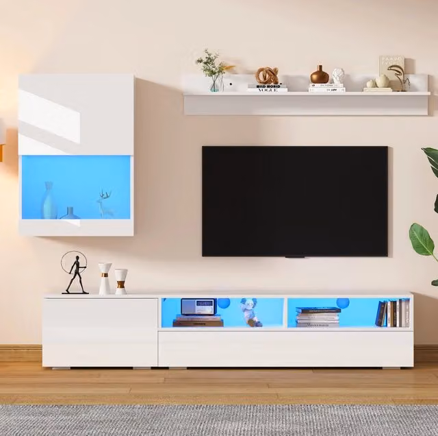 Set mobili TV bianco lucido con LED, 3 pezzi: mobile TV 175x39x34 cm, armadietto a muro 55x32x77 cm, mensola 120x13,5x20 cm