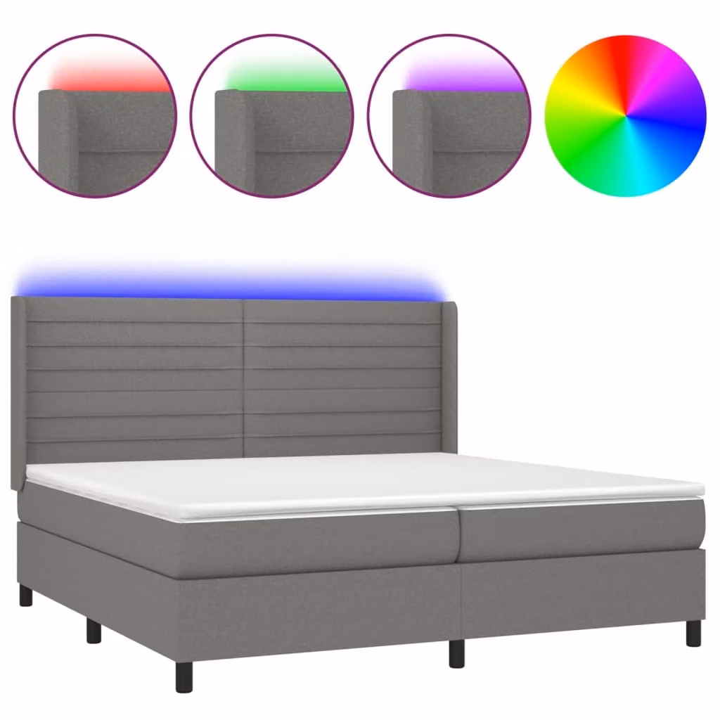 Letto a Molle Materasso e LED Grigio Scuro 200x200cm in Tessuto