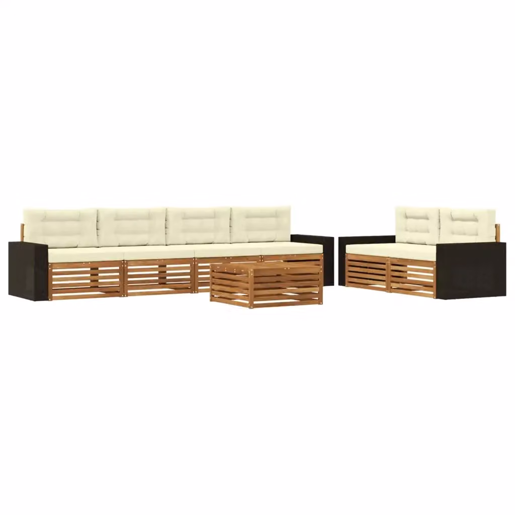 Set di divani da esterno a L con tavolino vidaXL, 7 pezzi in legno di acacia con cuscini beige e bianchi – 2
