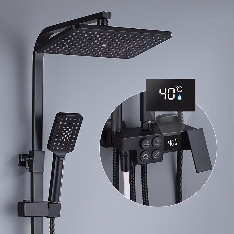 Doccia a soffitto - Doccia a pioggia - Doccia portatile - Bocchetta per vasca - Miscelatore termostatico a quattro funzioni - Nero con display