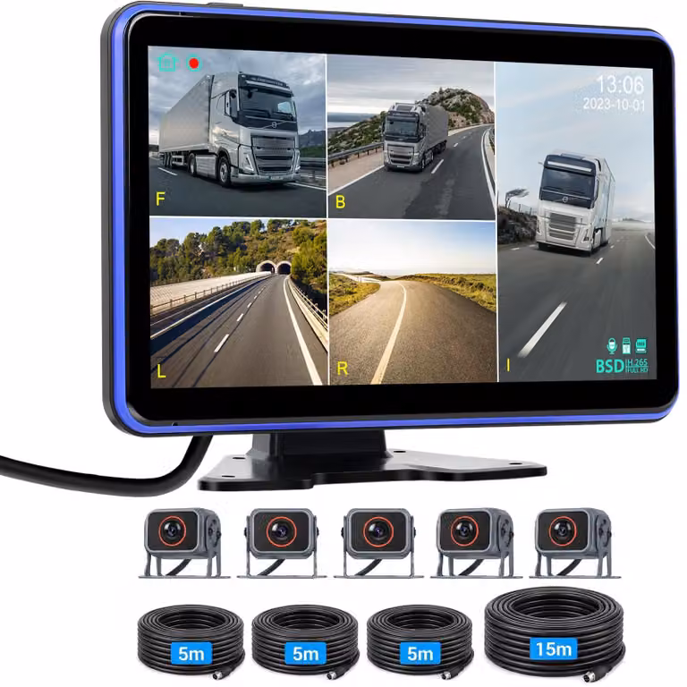 Kit telecamera per retromarcia da 10,1 pollici, display IPS HD - 5 telecamere - 12-36 Volt - Impermeabile IP68