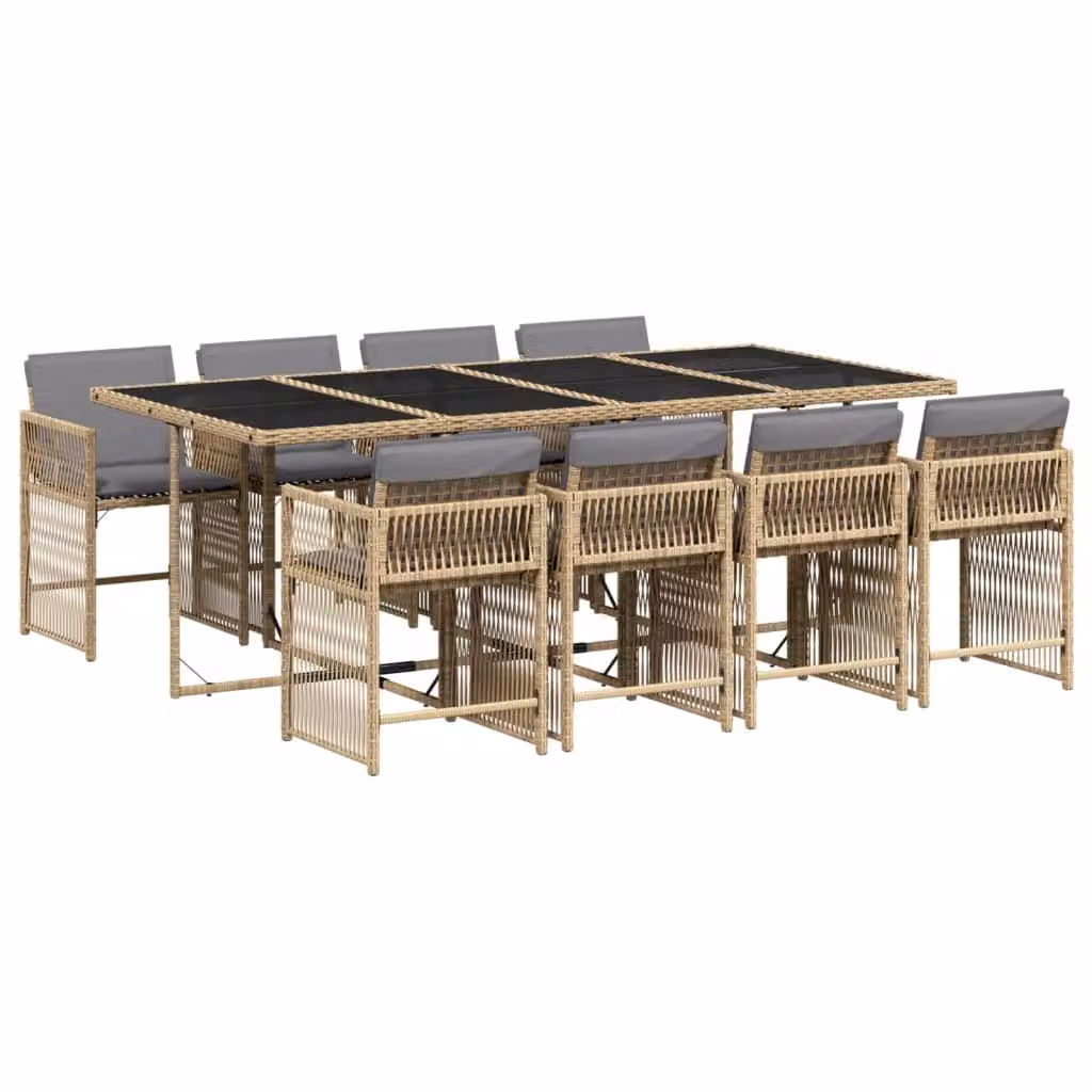 Set Pranzo da Giardino 9 pz con Cuscini Beige Misto Polyrattan