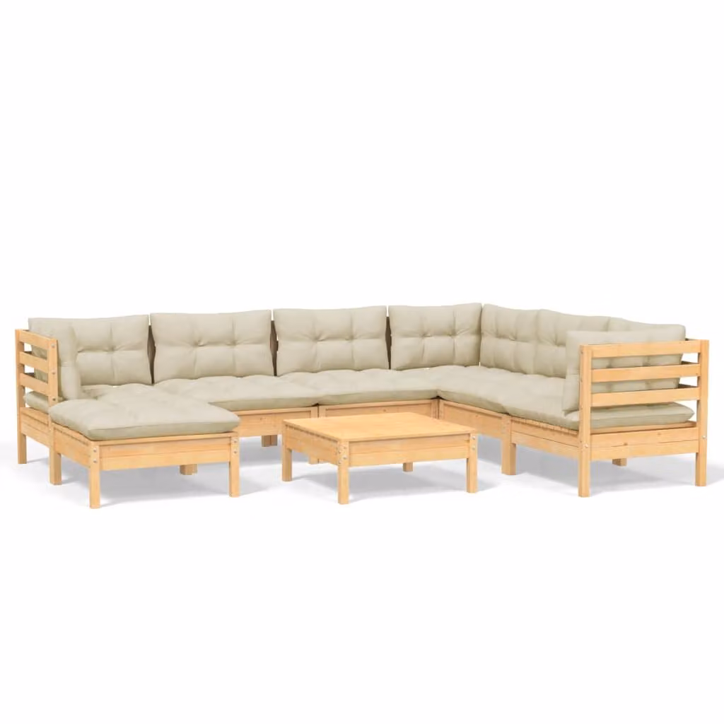 Set Divani da Giardino 8 pz con Cuscini Crema in Massello di Pino