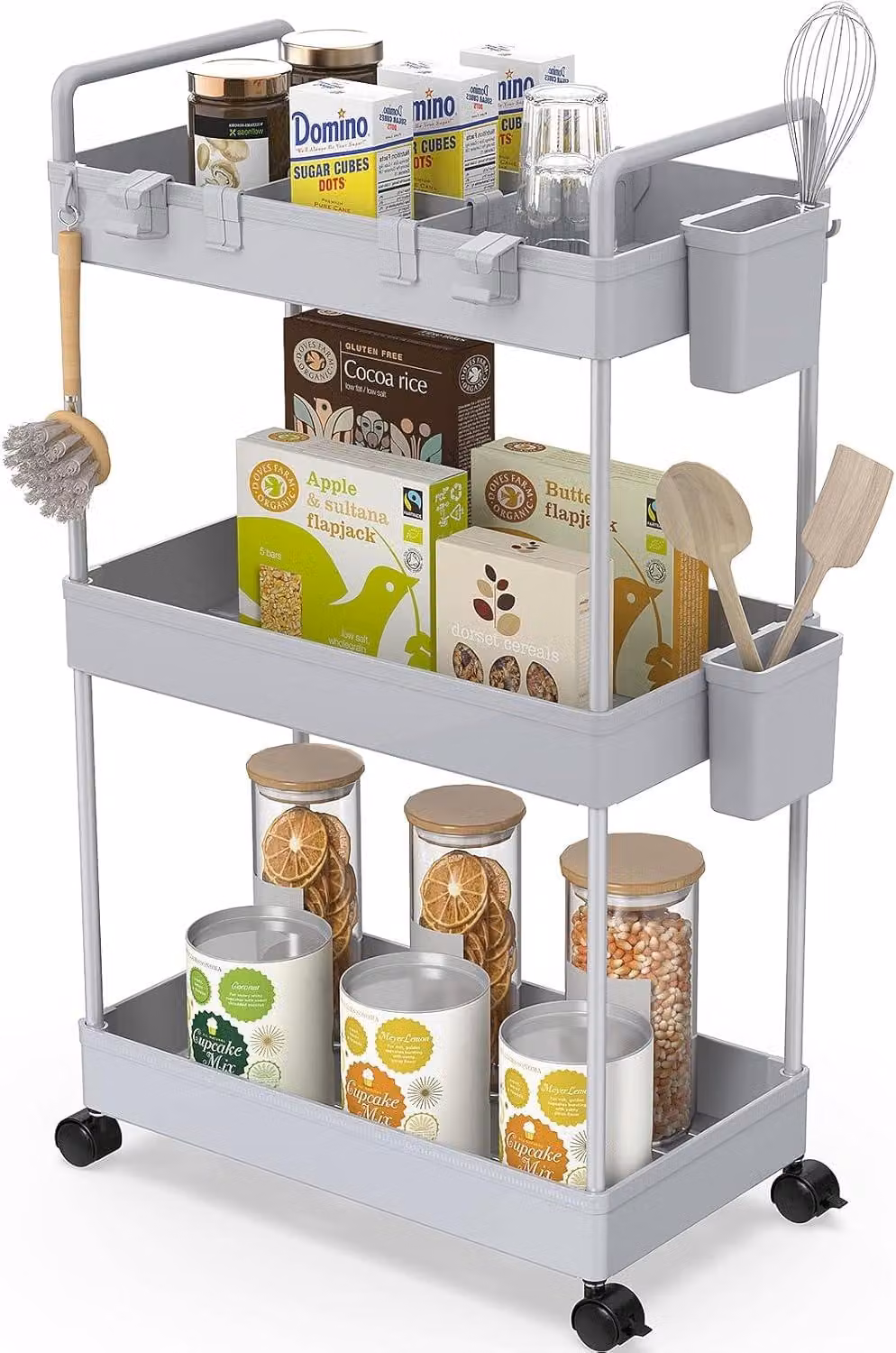 Carrello a 3 ripiani, grigio, con portabicchieri e divisori, per la cucina