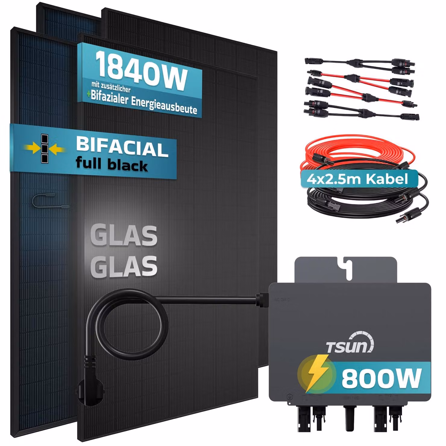 SUNNIVA® 1840W Impianto fotovoltaico da balcone bifacciale FULLBLACK con presa TSUN, inverter da 800 Watt, set completo con 4 moduli solari da 460W