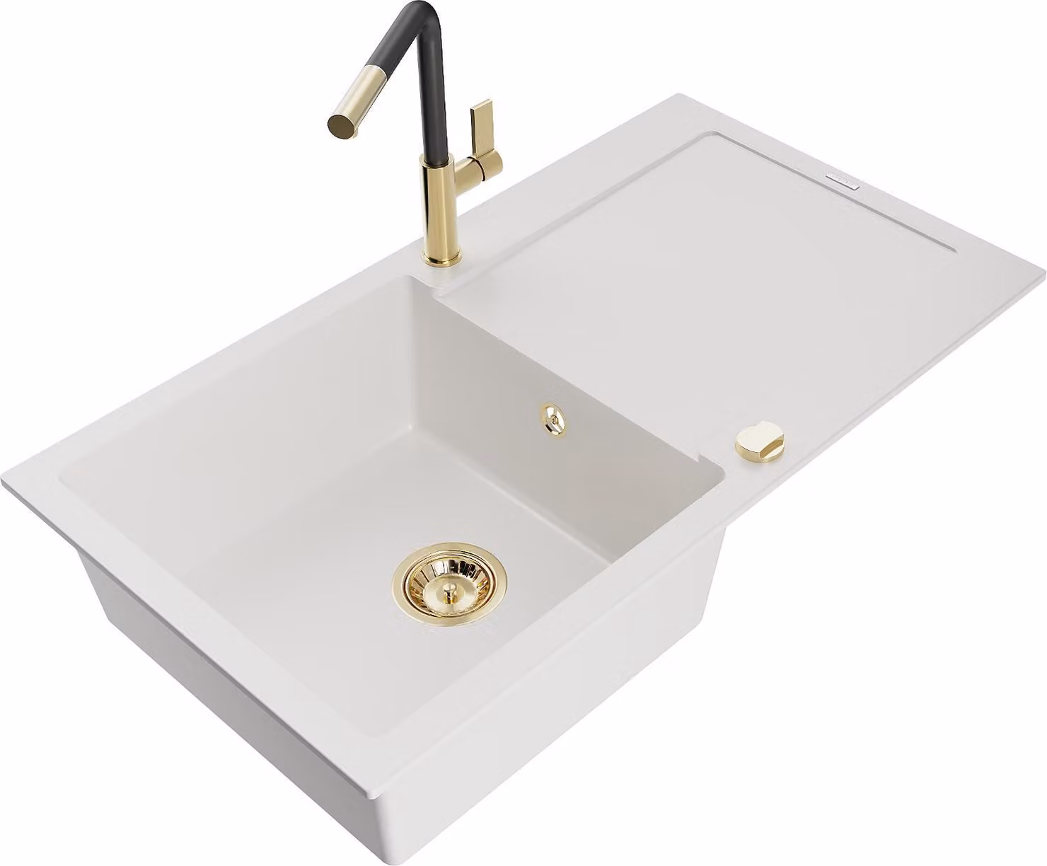 Mexen Leo lavello in granito a 1 vasca con scolapiatti e rubinetto da cucina Flora, bianco - 6501-20-670401-57-G