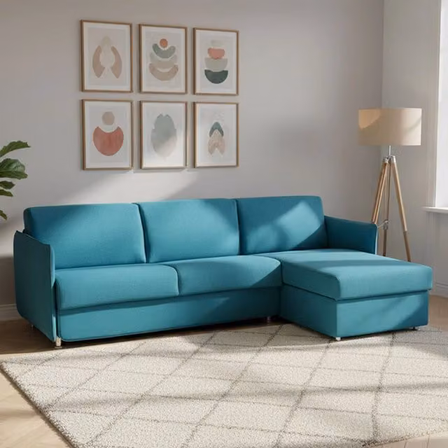 Divano Letto Scordia DMORA con Penisola Sfoderabile Made in Italy, L/P: 260 x 160 cm, Azzurro – 1