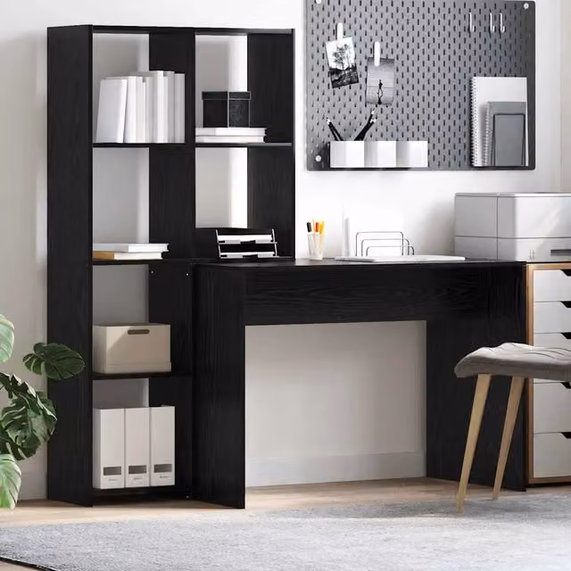 Scrivania moderna vidaXL in MDF laminato nero con finitura rovere L: 138,5 cm, P: 55 cm, H: 143 cm