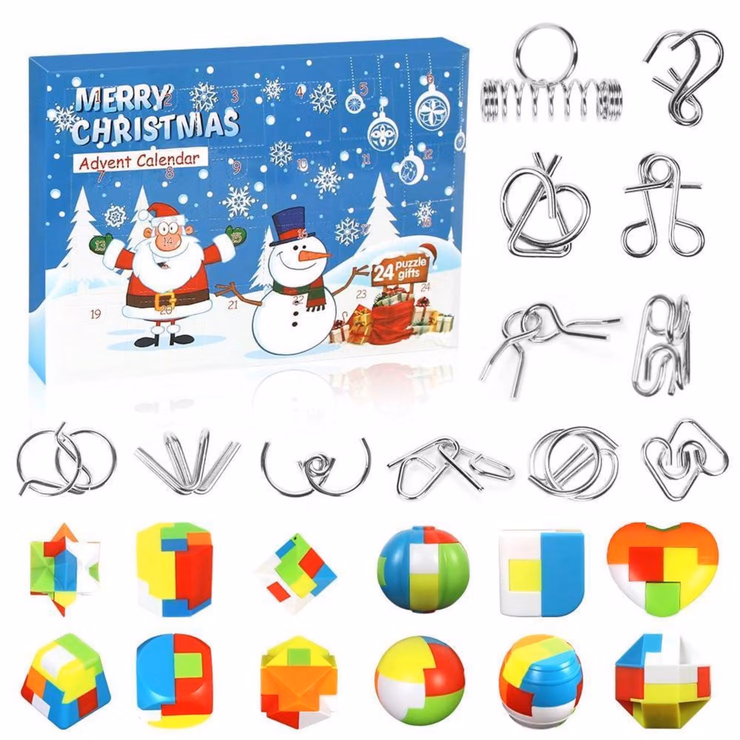 Calendario dell'Avvento con giochi di logica: 24 puzzle, 12 in metallo e 12 in plastica. Ideale per il conto alla rovescia del Natale, un regalo per bambini e adulti
