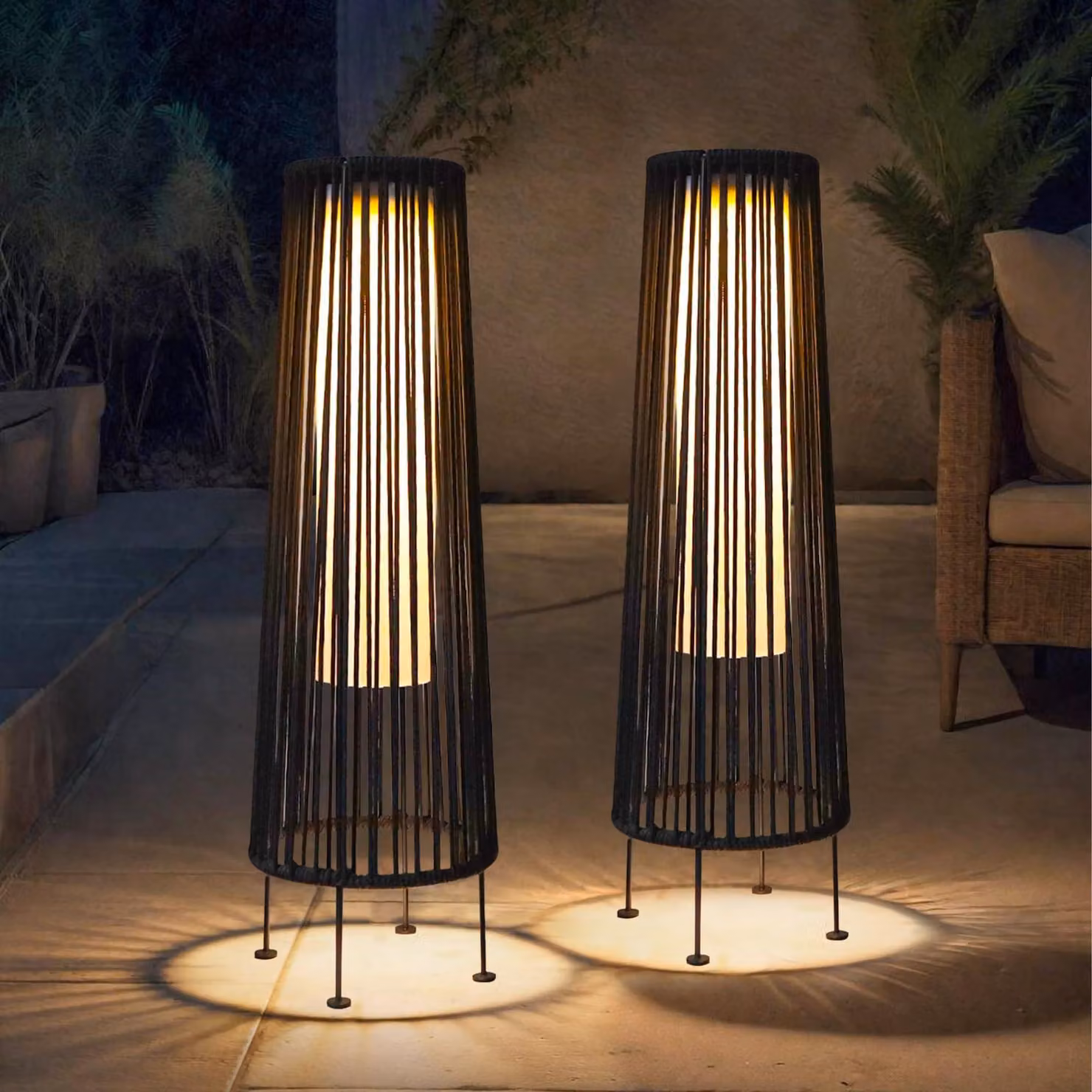 Lampade da esterno solari, set da 2, in rattan, nere, 68 cm, grado di protezione IP44