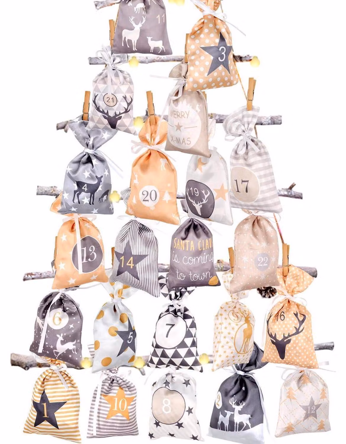 Calendario dell'Avvento da riempire, grande, 12x21,5 cm, con 24 sacchetti in tessuto, catena, colore giallo-grigio