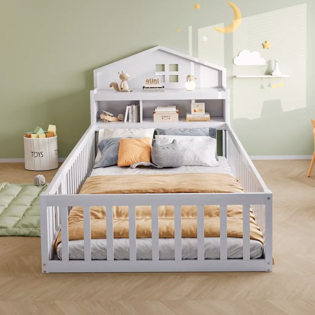 Letto per bambini Chicfurn in legno massiccio bianco con ripiani e struttura a casetta L/P/H: 200 x 90 x 111,8 cm – 2