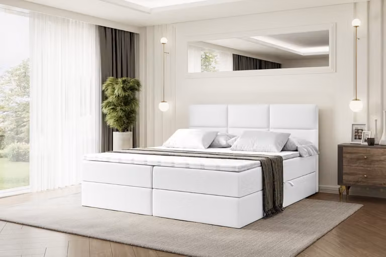 Letto boxspring ALTDECOR con materasso (altezza 20 cm) e topper (altezza 5 cm), letto imbottito con testiera e contenitore - OHIO - 160x200 - H3/Bianco in ecopelle