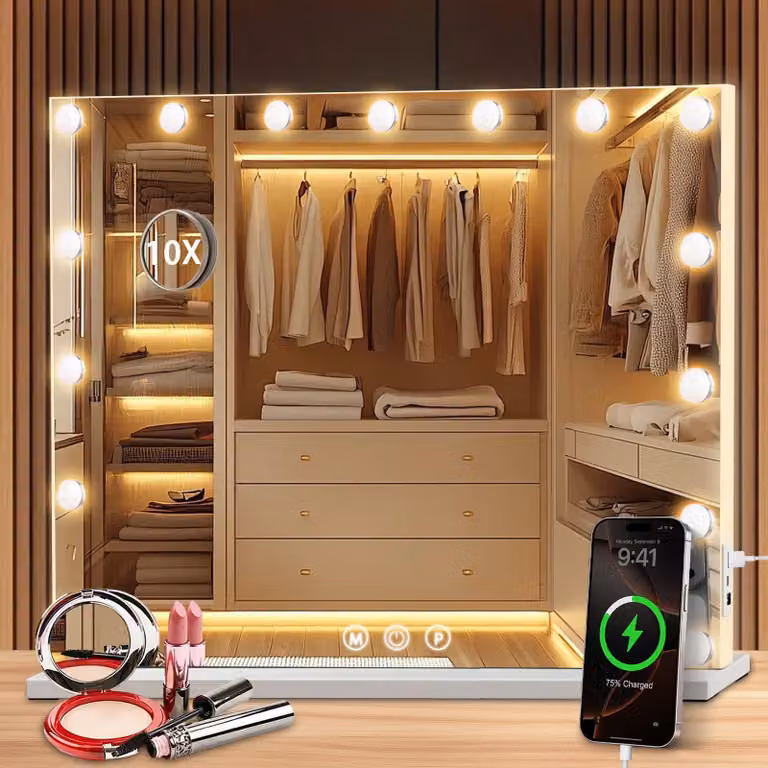 Specchio da trucco, dimensioni 58x46 cm, con illuminazione LED, dimmerabile, porta USB, ingrandimento 10x