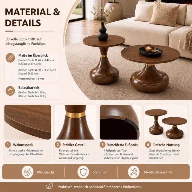 Set di 2 tavolini moderni REDOM in MDF effetto noce e metallo oro, Ø 70 cm e Ø 50 cm