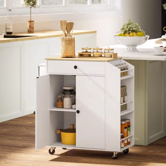 Carrello cucina con piano di lavoro, cassetto, mobile a due ante, ripiano regolabile e ruote, bianco