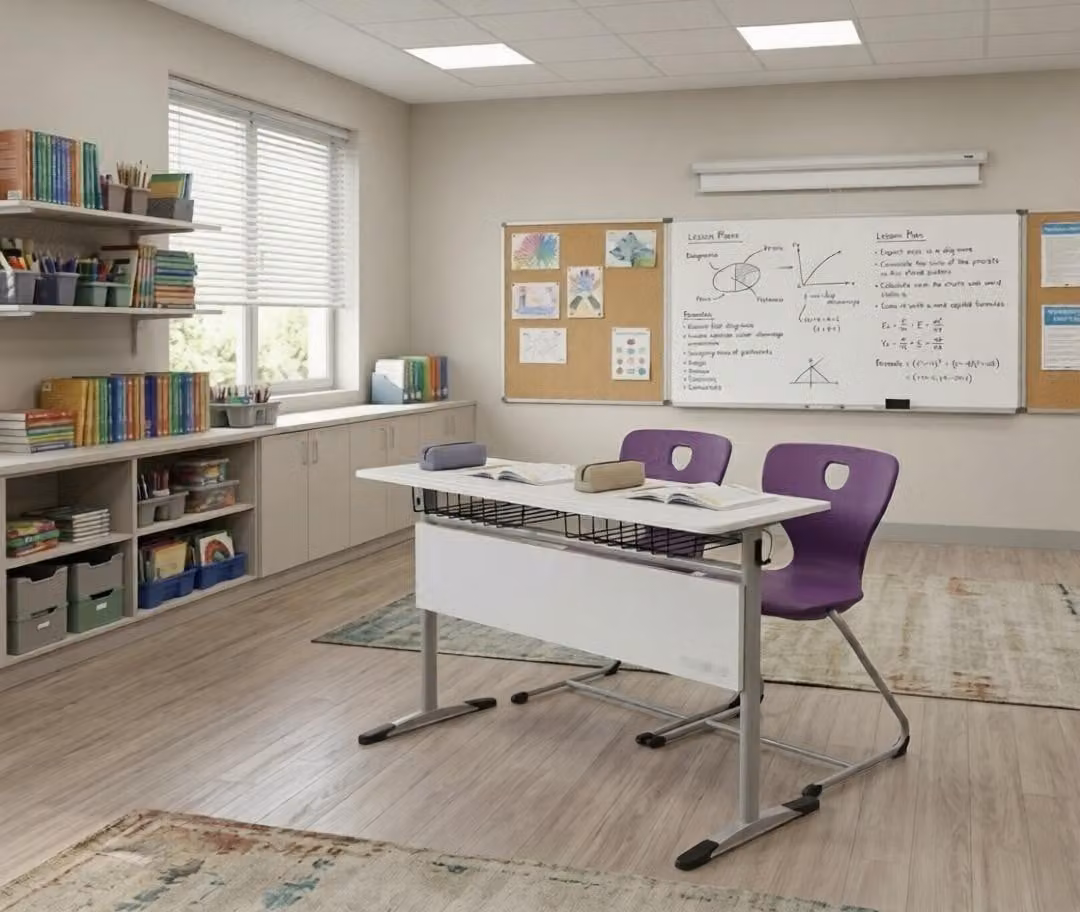 Set scolastico moderno ed ergonomico: scrivania grigia e sedia viola a due posti