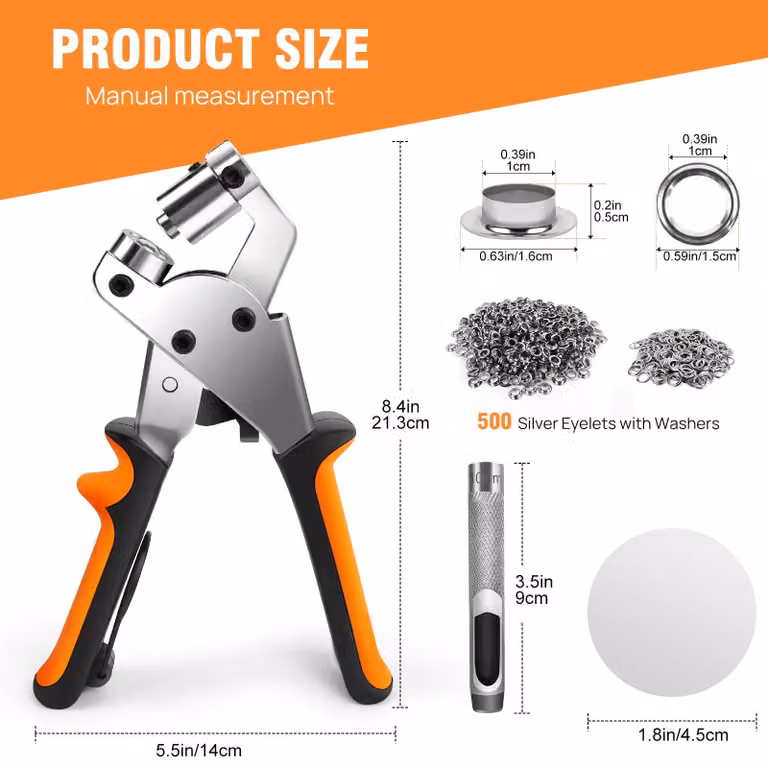 Kit per l'applicazione di occhielli da 0,95 cm - Attrezzo per occhielli - Acciaio inossidabile - Forbici per fori magnetiche - 500 occhielli impermeabili - Adatti per tessuti, teloni e banner in PVC