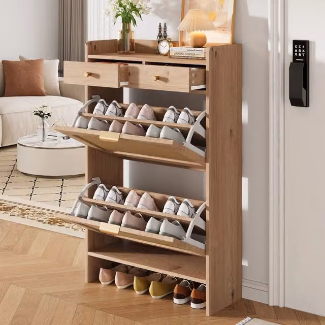 Scarpiera salvaspazio moderna con 2 ante a ribalta e 2 cassetti in legno e MDF, beige e marrone, L: 65 cm, P: 25 cm, H: 106 cm