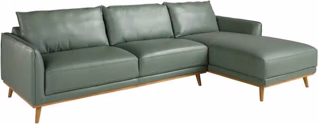 Divano angolare moderno Angel Cerda S L in pelle verde con chaise longue destra e struttura in legno di pino, L 295 x P 160 x H 90 cm – 1
