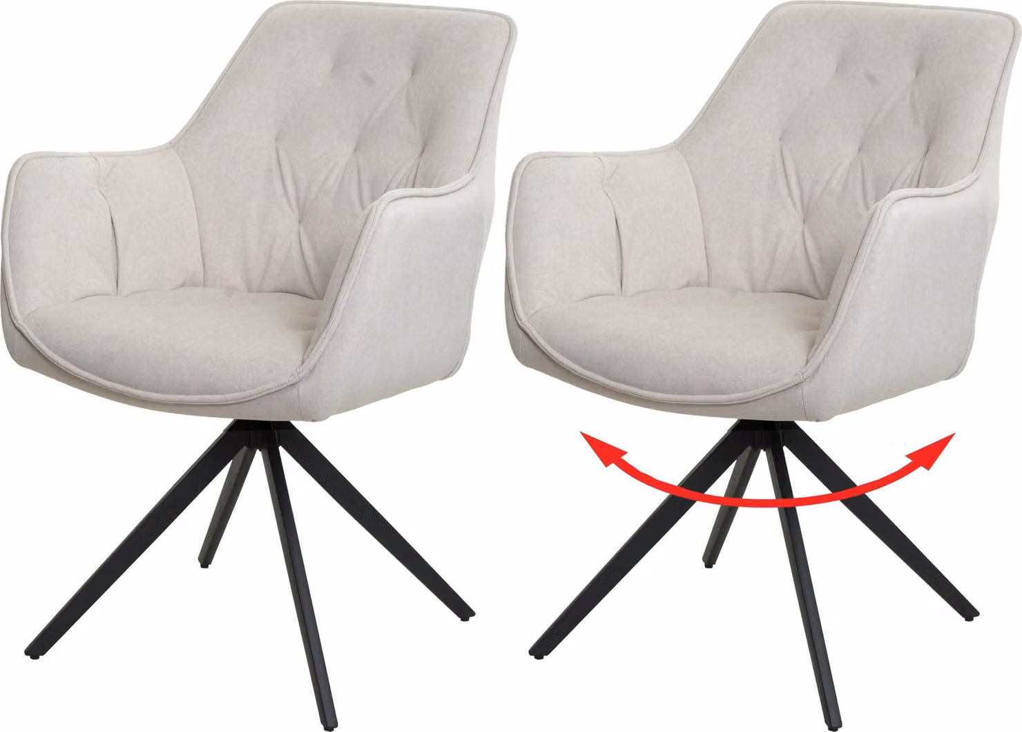 set di 2 sedie per sala da pranzo HWC-L80, sedia da cucina sedia imbottita con braccioli, girevole, metallo tessuto/tessuto ~ crema-beige