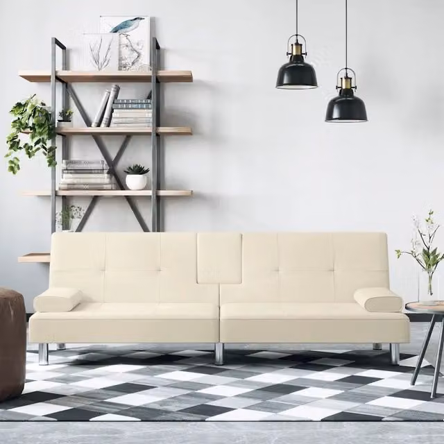Divano Letto con Portabicchieri-Sofa Letto-Daybed in Similpelle Crema