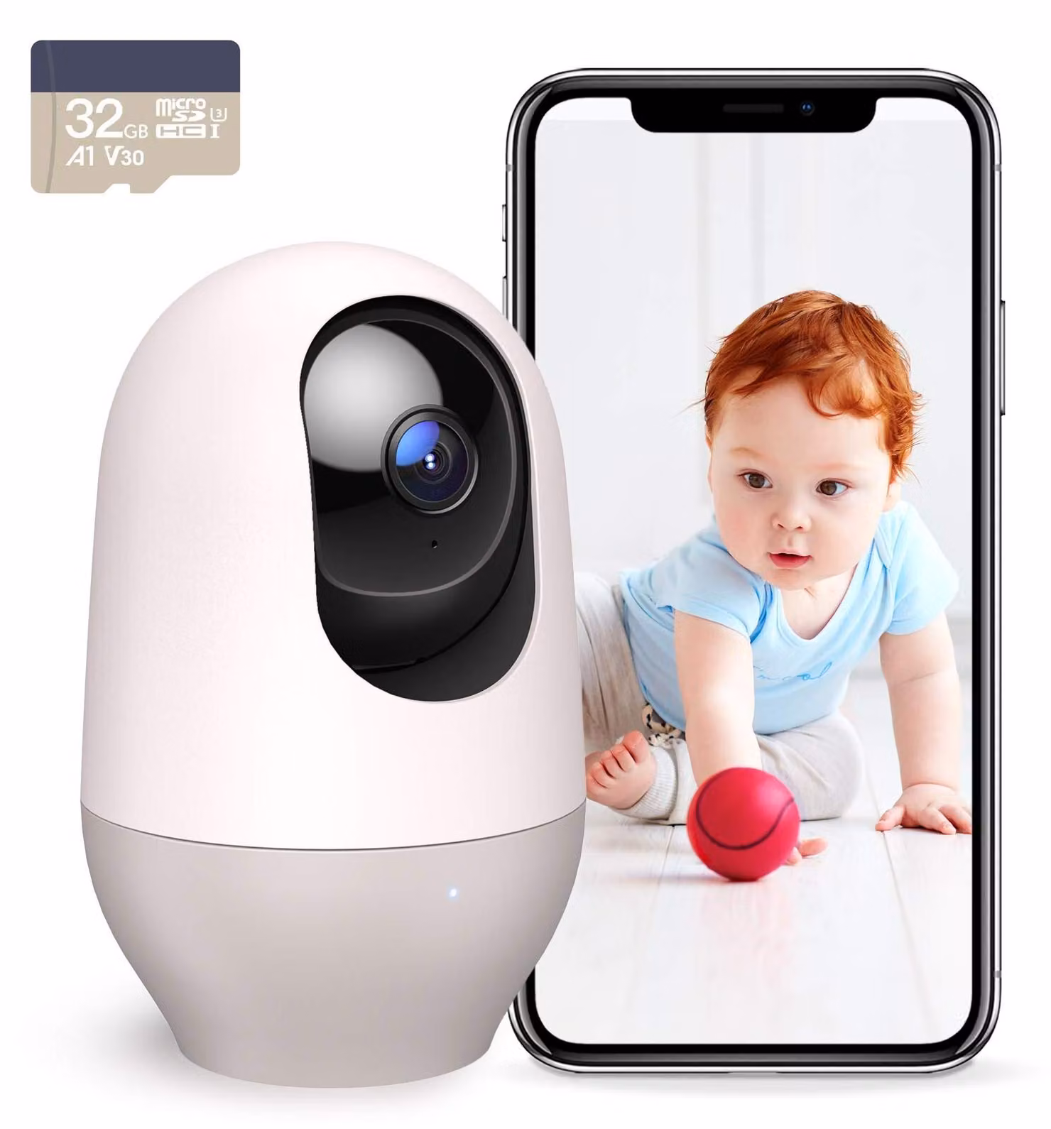 Telecamera di sicurezza con scheda micro-SD da 32 GB, risoluzione 2K, telecamera IP, Wi-Fi, con rotazione a 360 gradi