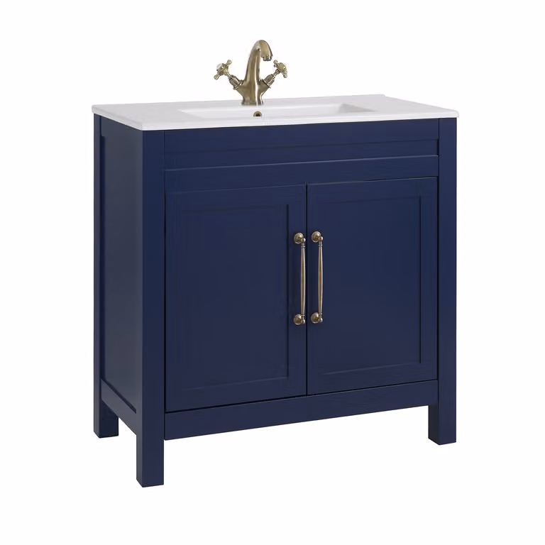 Mobile Bagno Blu Marino da 810mm con Lavabo e Maniglie Classiche con Barra a T in Ottone Spazzolato - Warwick