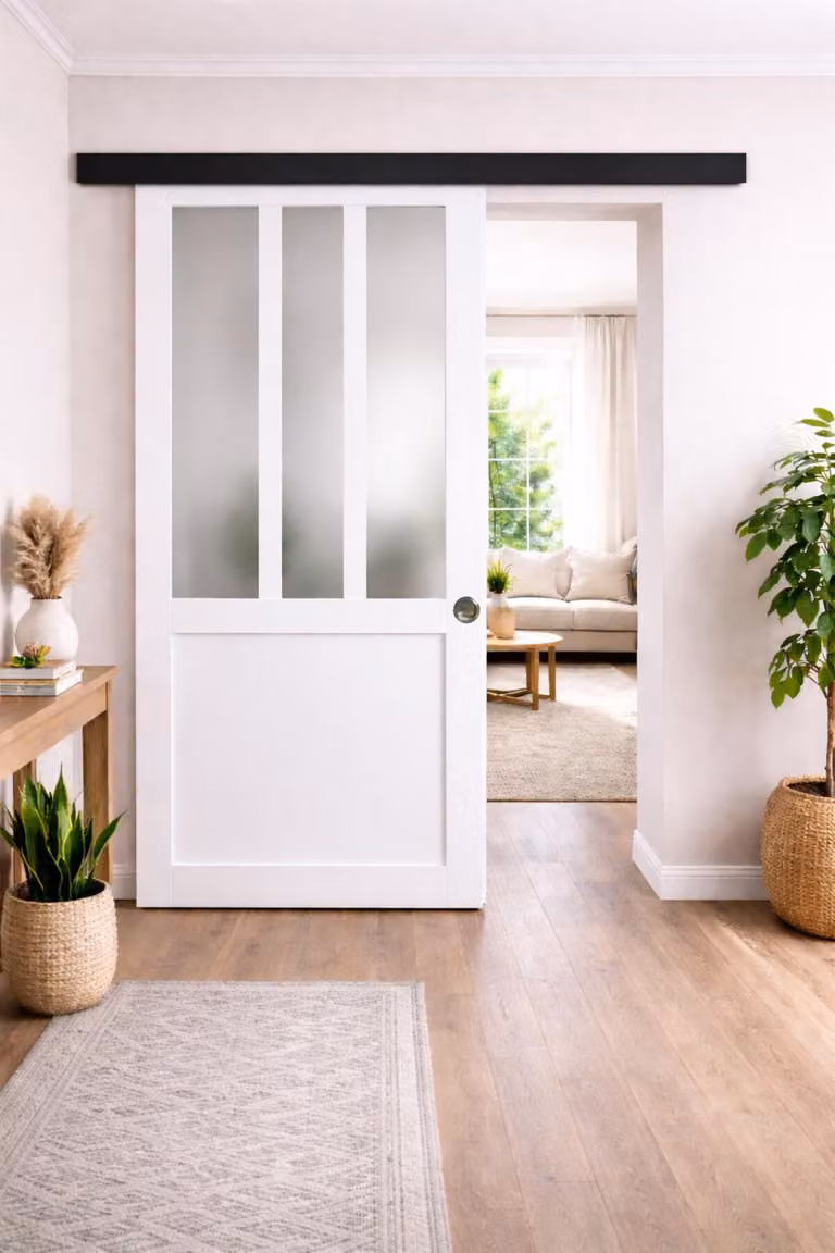 Porta scorrevole da officina bianca con vetro opacizzato H204 x L93 cm, binario in alluminio con banda nera, conchiglie GD MENUISERIES