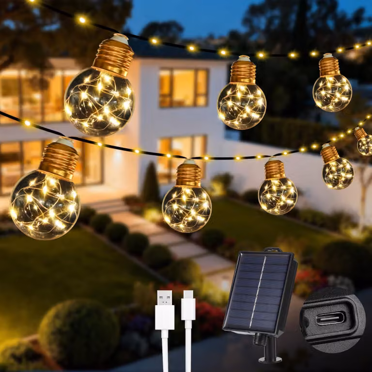 Catena luminosa solare, 7,6 metri, 20 lampadine G50 indistruttibili, luce bianco caldo