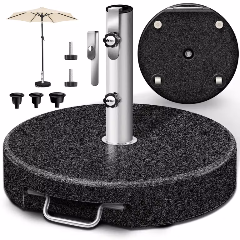 tillvex® Supporto per ombrellone Granite con rotelle e manico telescopico antracite - 27 kg rotondo | Supporto per ombrellone con tubo in acciaio inox | Supporto per ombrellone da balcone per pali dell'ombrellone da 16-48 mm e 300 cm di diametro dell'ombr