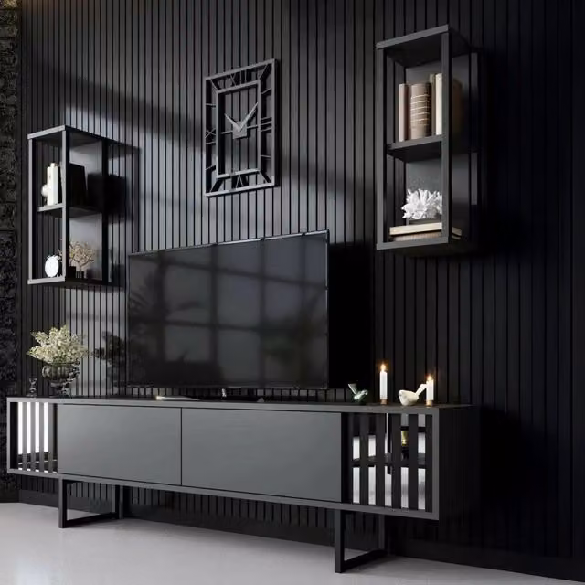 Mobile porta TV DMORA moderno in metallo Antracite e Nero L: 180 cm, P: 30 cm, H: 48 cm – 1