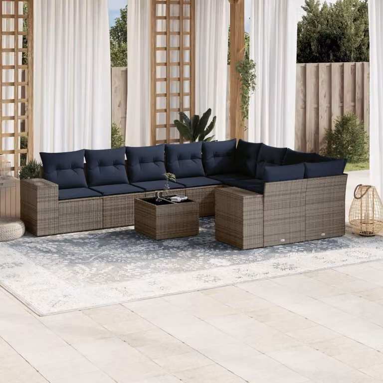 Set di divani da giardino vidaXL in polyrattan a forma di L con cuscini e tavolino da esterno, colore grigio e blu