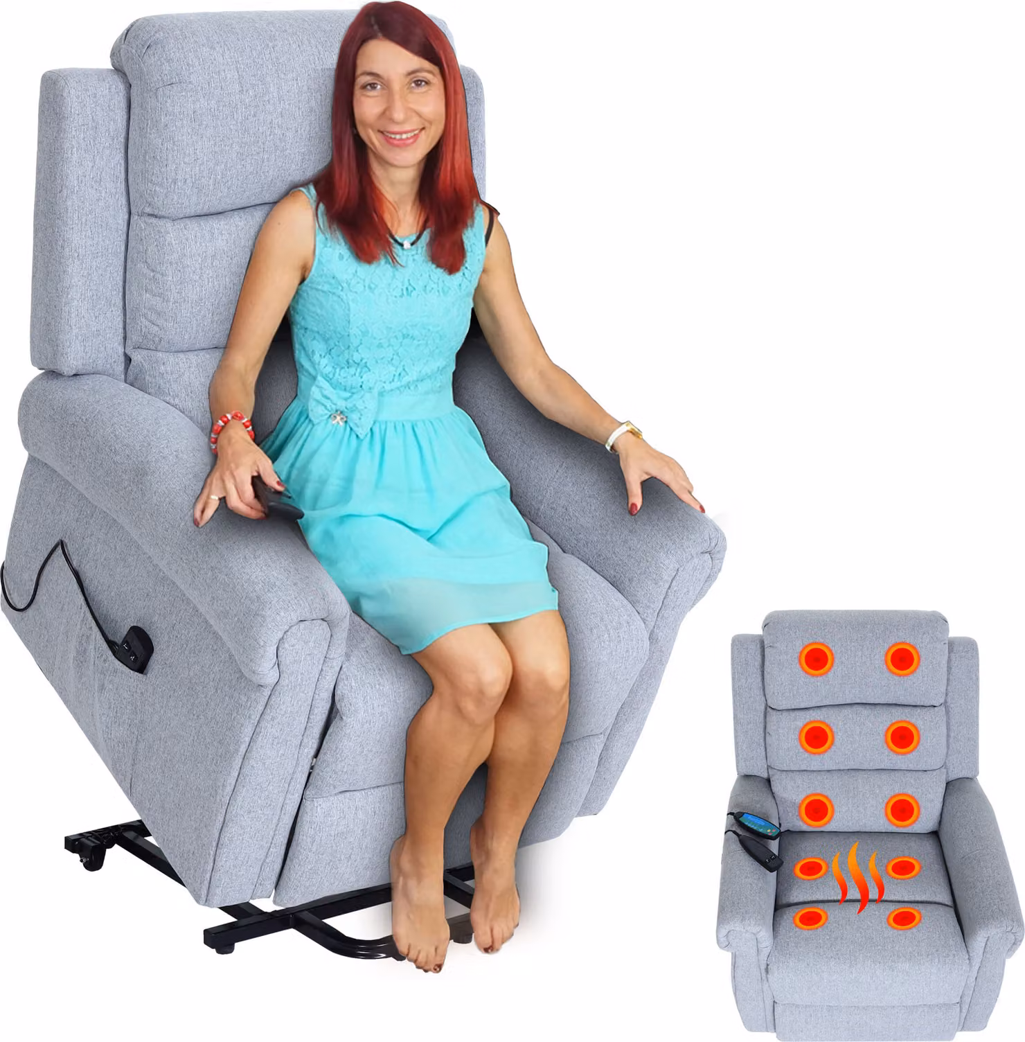 Poltrona TV HWC-K63, poltrona relax, funzione reclinabile, ausilio per alzarsi, funzione massaggio, funzione riscaldamento, tessuto/textile ~ grigio chiaro