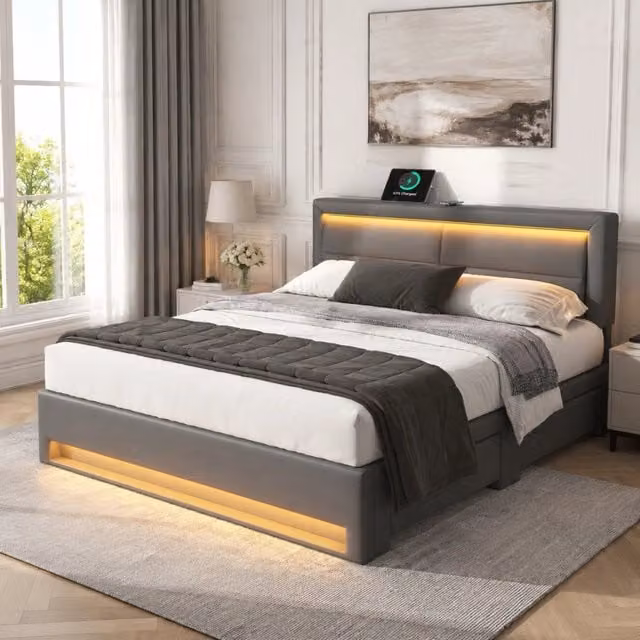 Letto imbottito 140 × 200 cm con USB ricarica wireless e cablata LED 12 colori quattro cassetti PU grigio