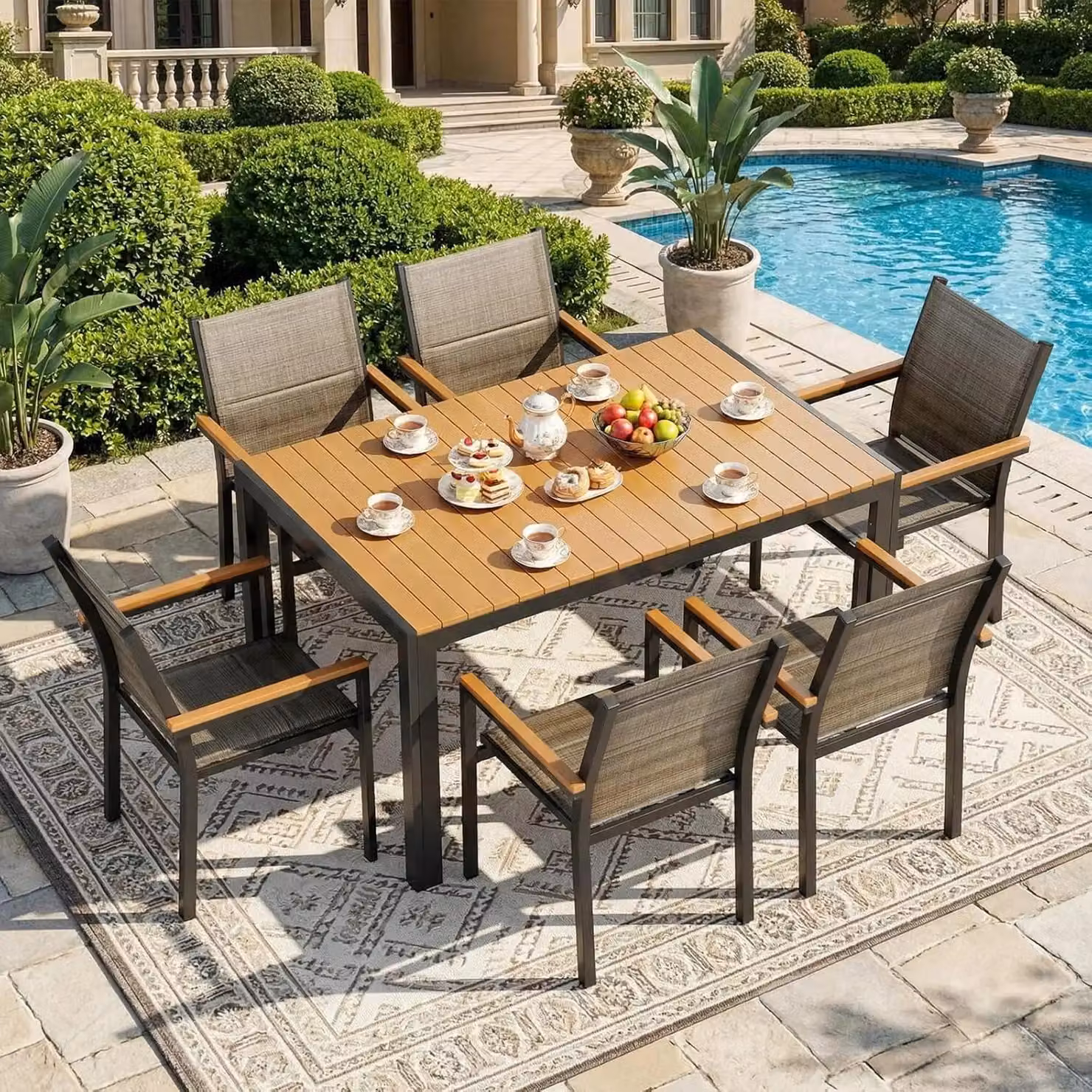 Sedie da giardino - Set di 6 sedie impilabili per esterni, ideali per giardino, balcone o terrazza. Struttura in alluminio, seduta in tessuto Textilene, con braccioli. Resistenti agli agenti atmosferici, colore marrone simile al lino