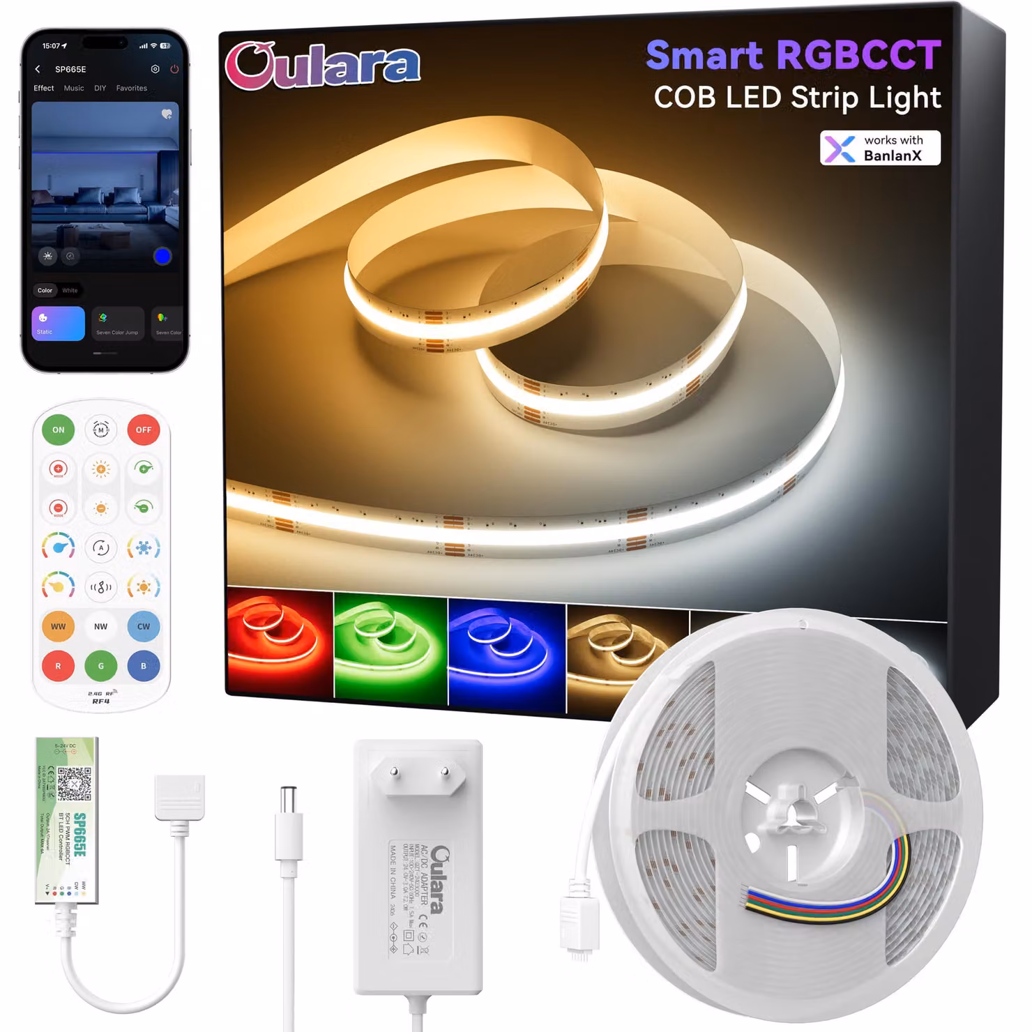 Striscia LED da 6 metri, RGBCCT COB, dimmerabile, 24V, controllabile tramite app/telecomando