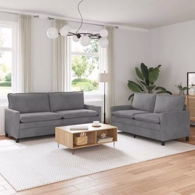Set di 2 divani moderni vidaXL in velluto grigio e nero con struttura in metallo e cuscini inclusi – 1
