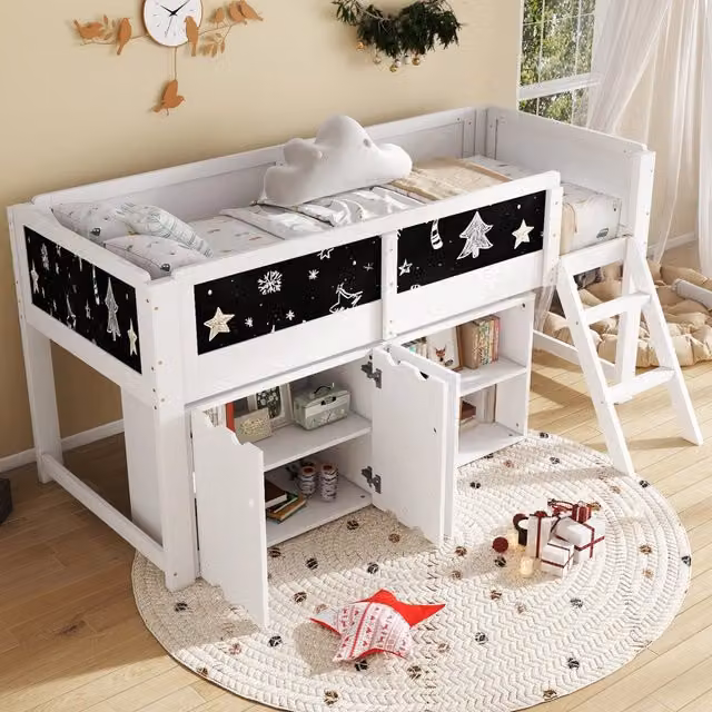 Letto a soppalco singolo per bambini 90 × 200 cm con armadio a due ante e lavagna, senza materasso, bianco e nero
