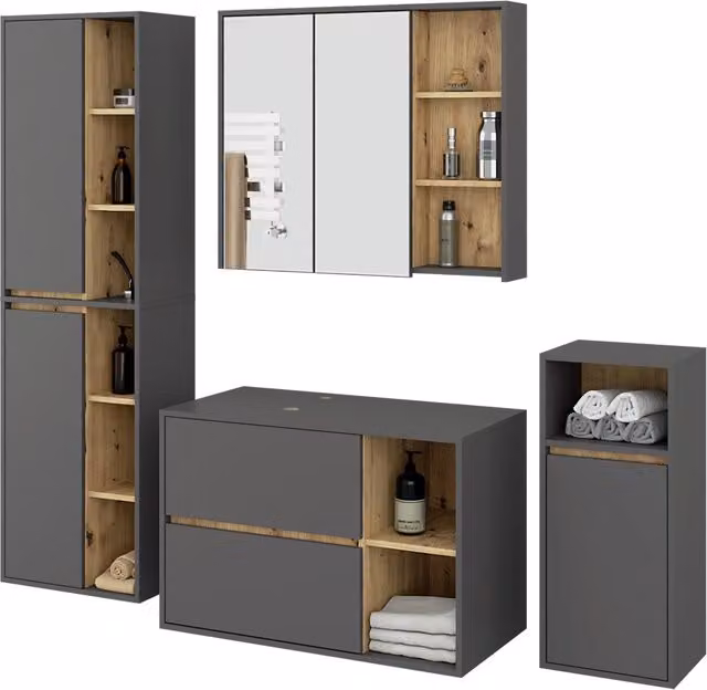 Set di mobili da bagno sospesi VAMI in Grigio Grafite con interno Rovere Artisan con fori per lavabo da appoggio