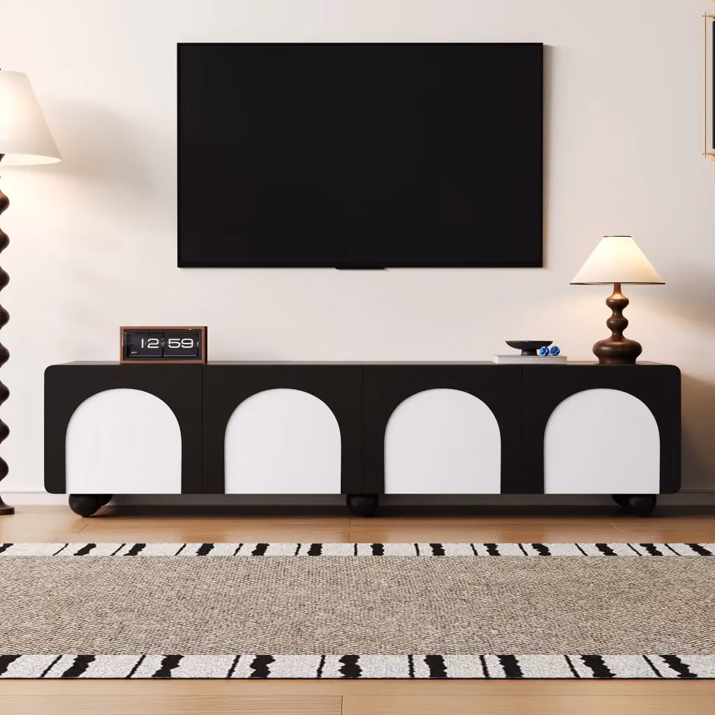 Mobile porta TV OKWISH design moderno in MDF nero e bianco con 2 cassetti, 2 ante e passacavi, L: 180 cm, P: 38 cm, H: 45 cm – 2