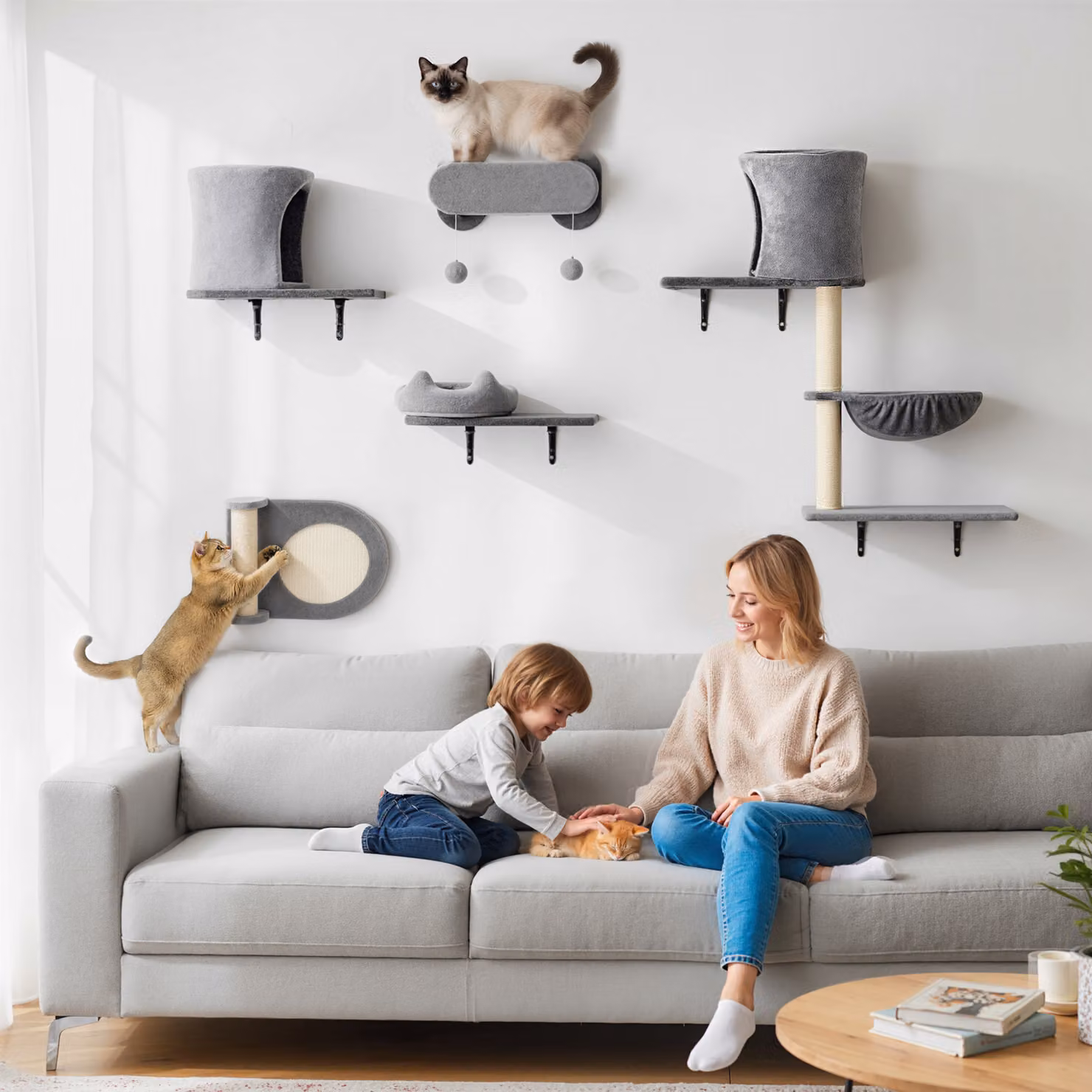 PawHut Set di mensole da parete per gatti in legno e MDF, 5 pezzi con 2 nicchie, amaca e piattaforme con tiragraffi in sisal, Grigio – 2