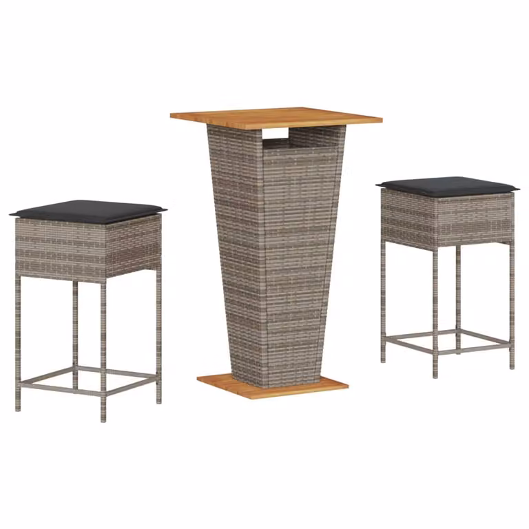 set bar da giardino 3 pezzi con cuscini in poly rattan grigio
